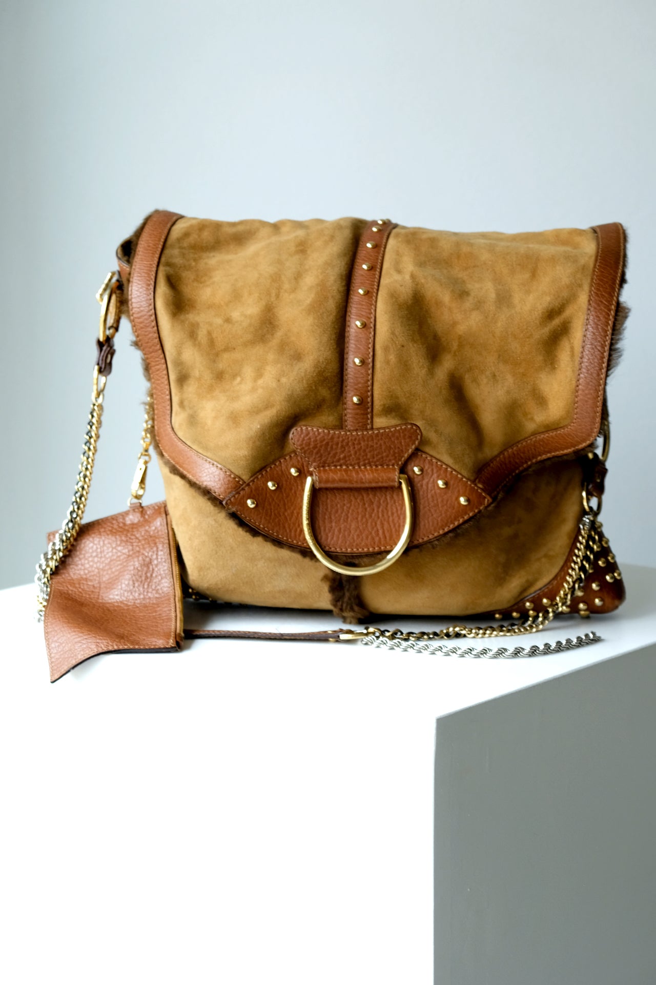 Dolce & Gabbana Suede & Sheepskin Fur Shoulder Bag