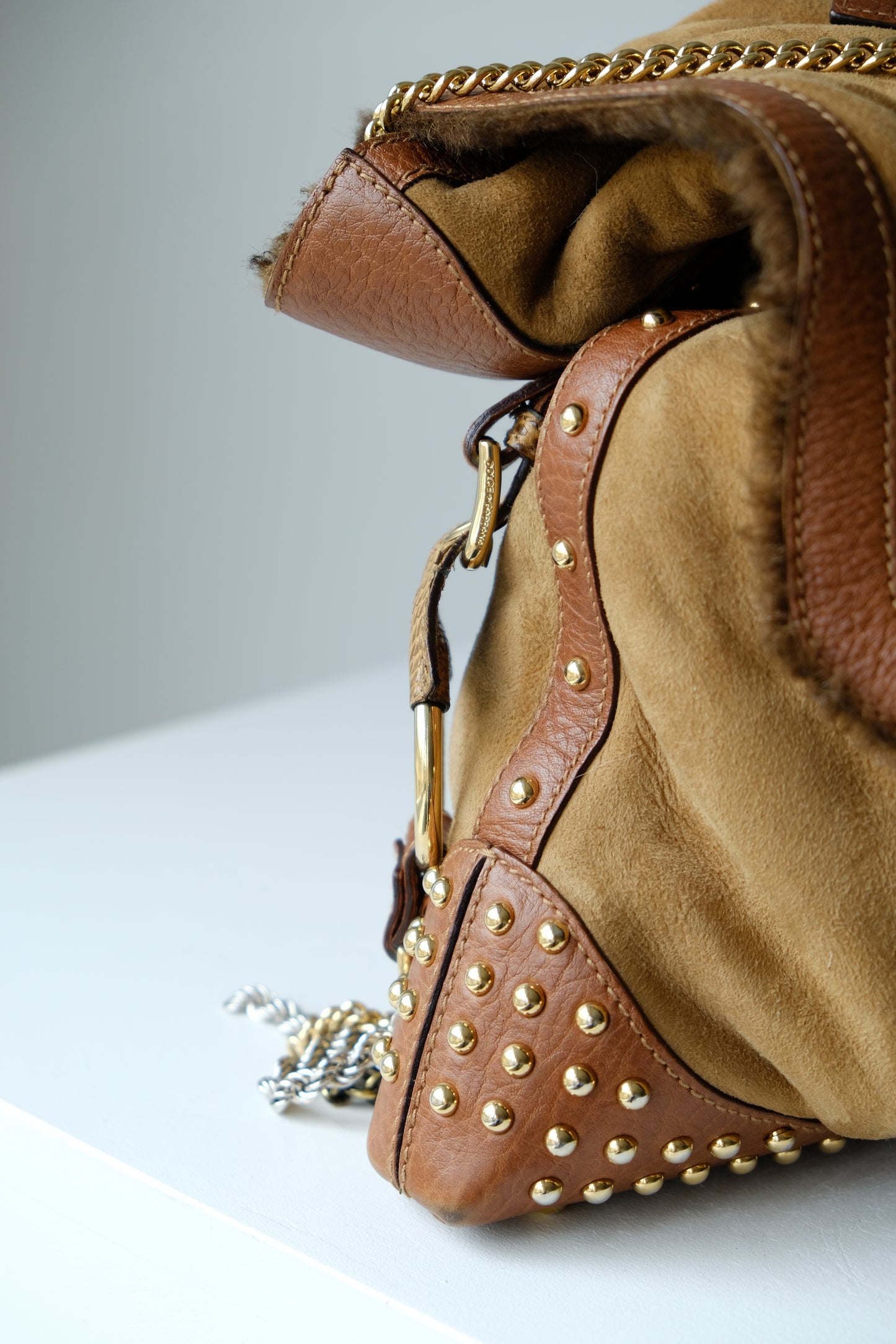 Dolce & Gabbana Suede & Sheepskin Fur Shoulder Bag