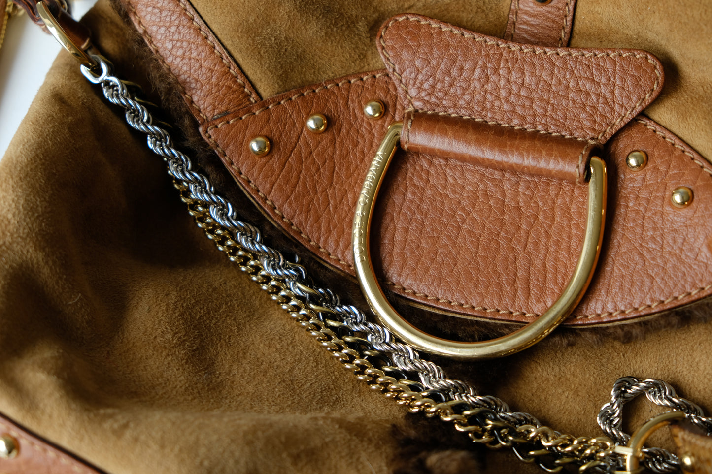 Dolce & Gabbana Suede & Sheepskin Fur Shoulder Bag